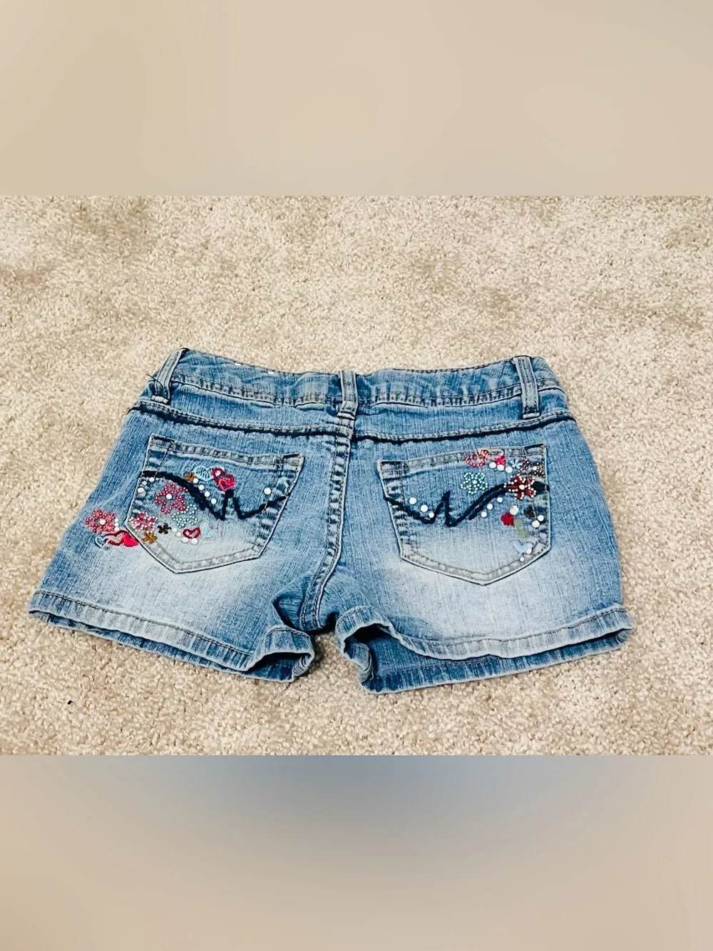 Girls' Light Blue Denim Shorts with Embroidered Hearts